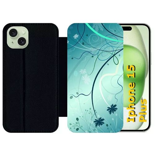 Etui à rabat pour iphone 15 plus - abstrait turquoise fleur - silicone - noir