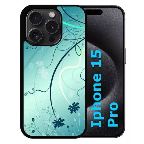Coque pour iphone 15 pro - abstrait turquoise fleur - silicone - noir