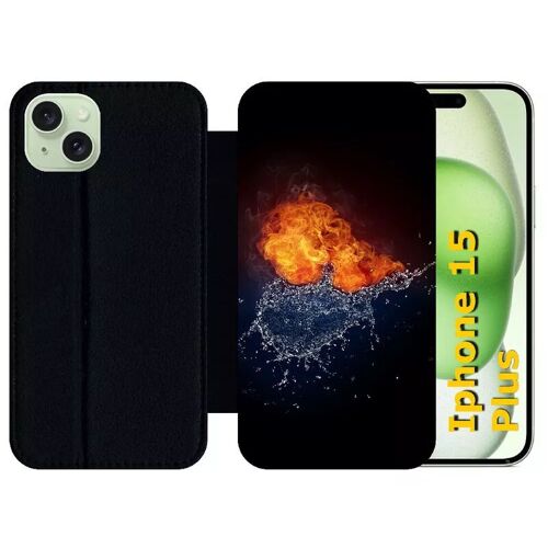 Etui À Rabat Pour Iphone 15 Plus - Duo De Coeurs Eau Et Flamme - Silicone - Noir