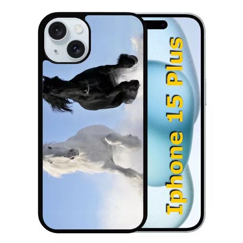 Coque Pour Iphone 15 Plus - Chevaux Blanc Et Noir Dans La Neige - Silicone - Noir