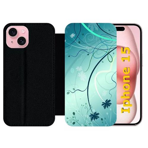 Etui À Rabat Pour Iphone 15 - Abstrait Turquoise Fleur - Silicone - Noir