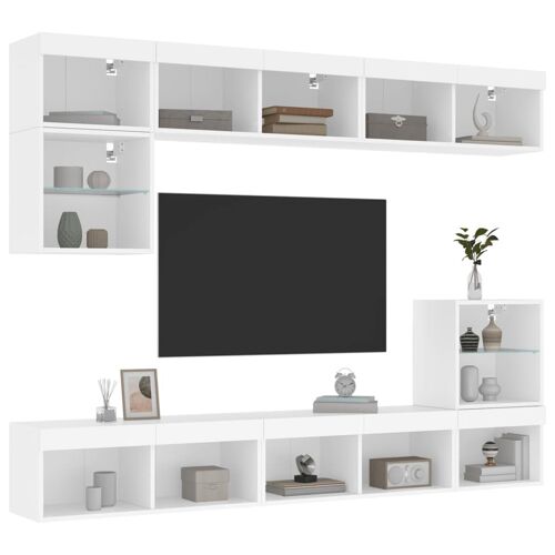 vidaXL Unités murales TV avec LED 8 pcs blanc bois d'ingénierie