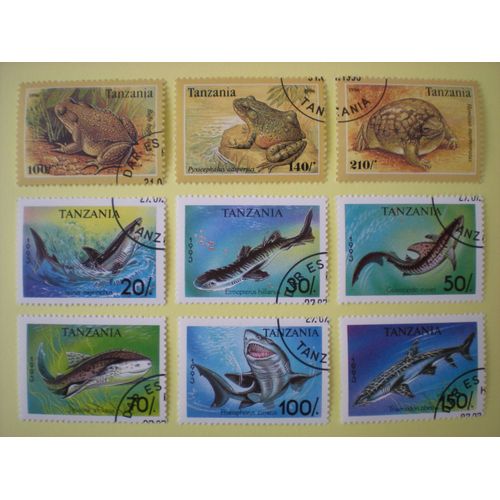 Lot De 9 Timbres Oblitérés - Tanzanie - Grenouilles Et Requins