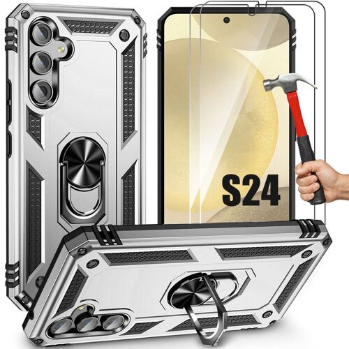 Coque Pour Samsung Galaxy S24, Argenté Antichoc Renforcé Anneau Arrière + 2 Verres Trempés - E.F.Connection