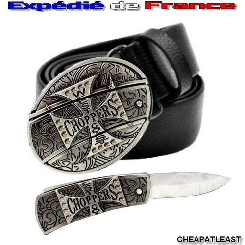 Ceinture Biker / Ceinturon Noir À Boucle Amovible En Acier Avec Couteau Intégré Dissimulé - Croix De Guerre / Fer / Malte West Coast Choppers Customs Motard Moto Harley Sons Anarchy Rock Metal -