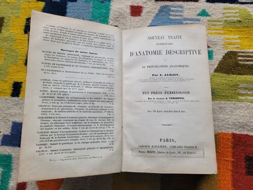 Nouveau Traité Élémentaire D'anatomie Descriptive Et De Préparations Anatomiques Par A. Jamain Suivi D'un Précis D'embryologie Par Le Dr A. Verneuil....Avec 416 Figues. Editions : Germer Baillière.