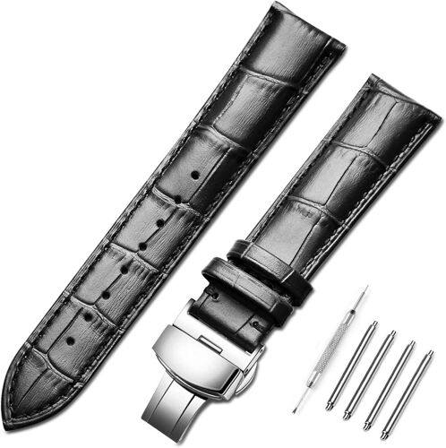 Cuir Bracelet En Cuir Compatible Avec 18mm 20mm 22mm 24mm, Boucle Inoxydable Papillon Alligator Gaufré Remplacement En Bracelets De Montre De Rechange Femme Homme - Noir