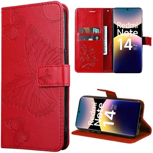 Coque pour Xiaomi Redmi Note 14 Pro 5G (pas pour 4G) Protection Effet Cuir Antichoc Motif Papillon Rouge - E.F.Connection