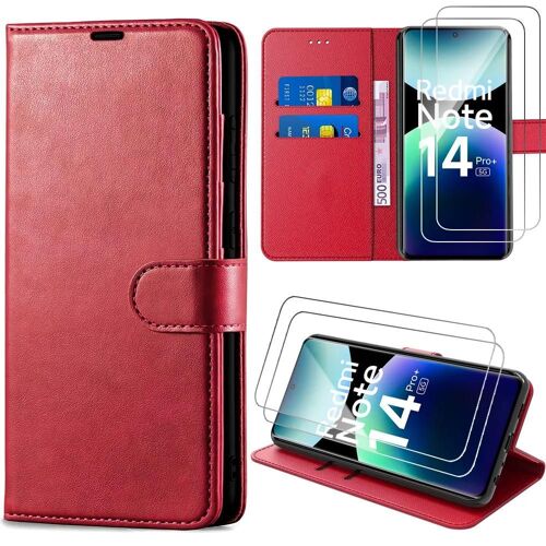 Coque pour Xiaomi Redmi Note 14 Pro Plus 5G avec 2 Verres Trempés - Protection Effet Cuir Rouge - E.F.Connection
