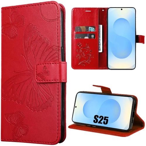 Coque pour Samsung Galaxy S25, Protection Antichoc Anti-Rayures Cuir PU Motif Papillon Rouge - E.F.Connection