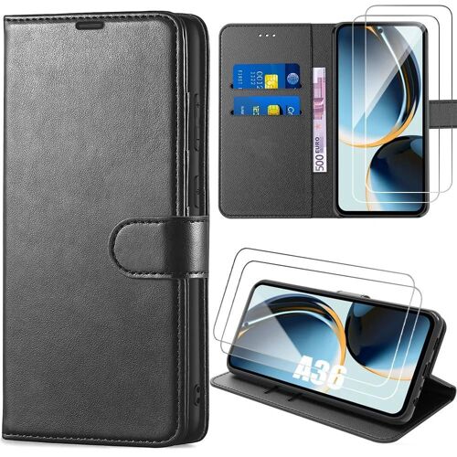 Coque + 2 Verres Trempés pour Samsung Galaxy A36 5G/A56 5G, Protection Effet Cuir Noir Fermeture Magnétique - E.F.Connection