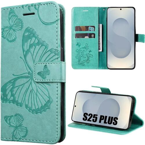 Coque pour Samsung Galaxy S25 Plus (S25+) Protection Cuir PU Motif Papillon Antichoc Anti-Rayures - Vert - E.F.Connection