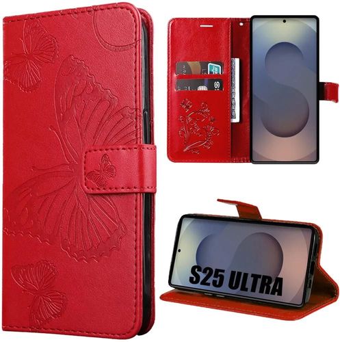 Coque Pour Samsung Galaxy S25 Ultra, Flip Case Motif Papillon Antichoc Effet Cuir Rouge - E.F.Connection