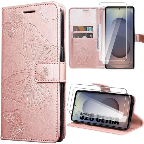 Coque + 2 Verres Trempés Pour Samsung Galaxy S25 Ultra, Protection Rabat Effet Cuir Motif Papillon Rose - E.F.Connection