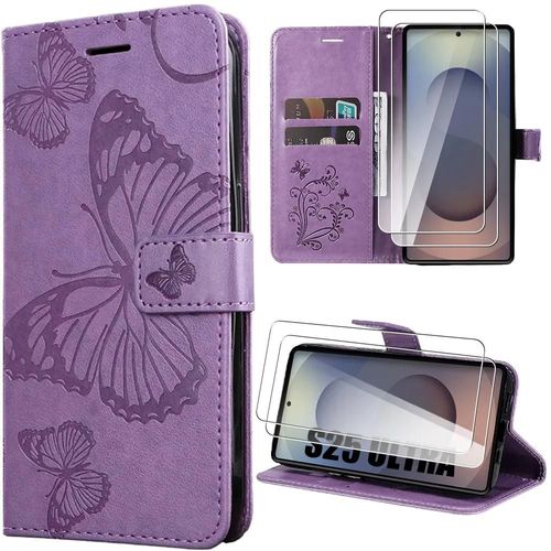 Coque Pour Samsung Galaxy S25 Ultra - Motif Papillon Elégant Effet Cuir Violet + 2 Verres Trempés - E.F.Connection