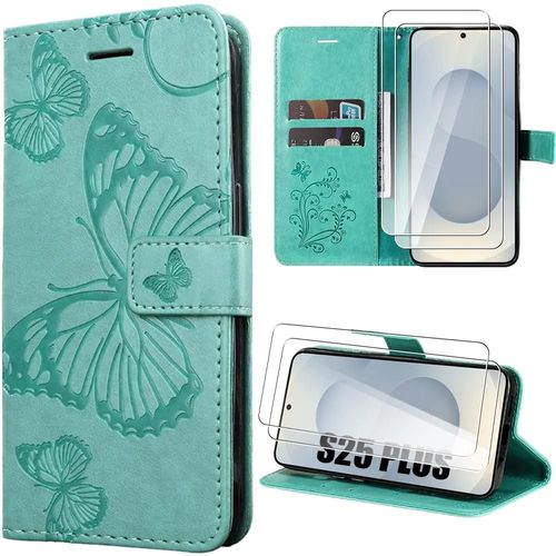 Coque + 2 Verres Trempés Pour Samsung Galaxy S25 Plus (S25+) Protection Motif Papillon Synthécuir Vert - E.F.Connection