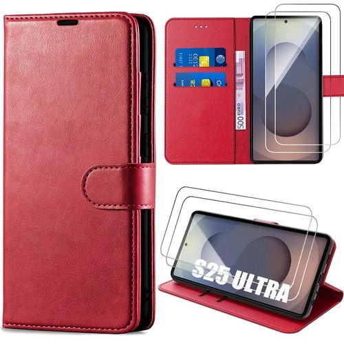 Coque Pour Samsung Galaxy S25 Ultra Avec 2 Verres Trempés, Flip Case Cuir Synthétique Anti-Rayures Rouge - E.F.Connection