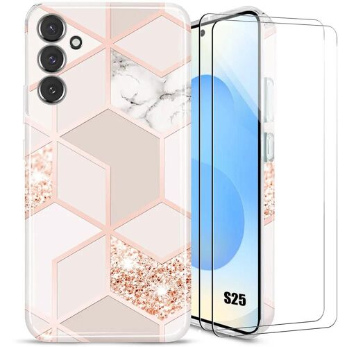 Coque Pour Samsung Galaxy S25 Avec 2 Verres Trempés, Protection Motif Marbre Rose Antichoc Anti-Rayures - E.F.Connection