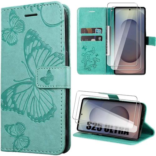 Coque Pour Samsung Galaxy S25 Ultra, Protection Motif Papillon Effet Cuir Vert + 2 Verres Trempés - E.F.Connection