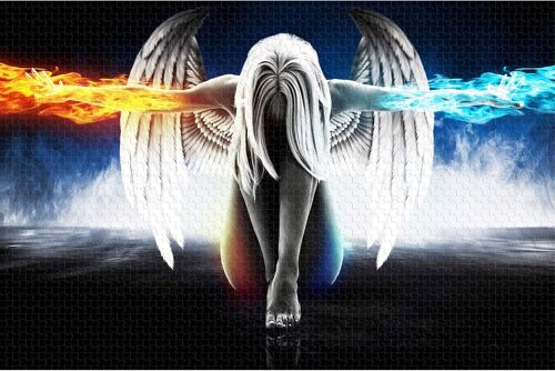 Puzzle Adulte 1000 Pièces Puzzle 3D Anime Ange Fille Ailes Glace Et Feu Affiche Et Imprimé Mur Art Photo pour Salon Décoration De La Maison Cadeau