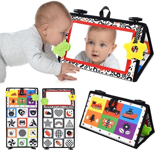 Miroir Bebe Eveil, Miroir Montessori Jouet Noir et Blanc, Jouets Sensoriels pour Bébé Nouveau-né, Jouet Nouveau né avec Miroir Pliable, Jouet avec Motif Contrasté