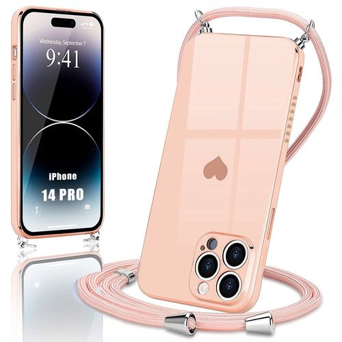 Coque Collier Cordon Pour Iphone 14 Pro Rose Luxe Anti-Rayure Ultra Slim Antichoc