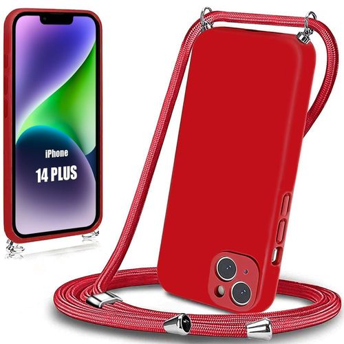 Coque Bandoulière Réglable Pour Iphone 14 Plus Rouge Silicone Souple Anti-Choc Anti-Rayure
