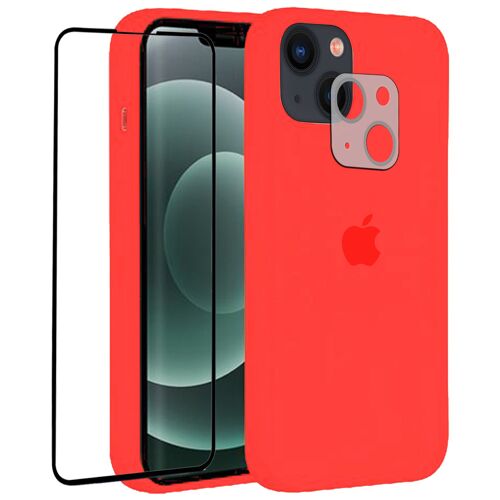 Protection Intégrale Verre Trempé Pour Iphone 13 Pro 6.1" + Verre Trempé Caméra Arrière + Coque Souple Silicone Rouge -Visiodirect-