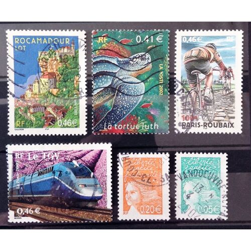 Le Tgv (N° 3475) + Tortue Luth (N° 3485) + Paris-Roubaix (N° 3481) + Rocamadour (N° 3492) + Marianne Du 14 Juillet 3445 + 3447 Obl - France Année 2002 - N12884