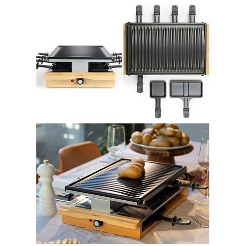 Appareil Raclette-Grill-Plancha finition BOIS 1200W 8 PERSONNES 8 poêlons + 4 caquelons double HQ