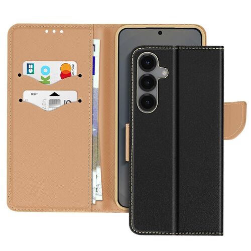 Case Pour Galaxy S25 Plus Wallet Leather Saffiano Fancy, Black / Gold