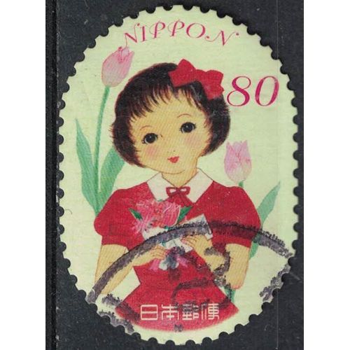 Japon 2014 Oblitéré Used Fille Avec Bouquet De Tulipes Et Enveloppe À La Main