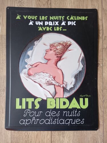 Grande Plaque Métal Lits Bidau Publicité De 1919 - Plaque Décorative Emaillée Ambiance Vintage Humour Decoration Mur Pin Up Et Sa Libido - 40 Cm X 30 Cm