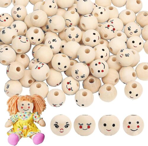 Boules En Bois Avec Visage - 100 Perles En Bois Avec Visages Smiley (20 mm, Perles Rondes Pour Décorations Artisanales DIY)