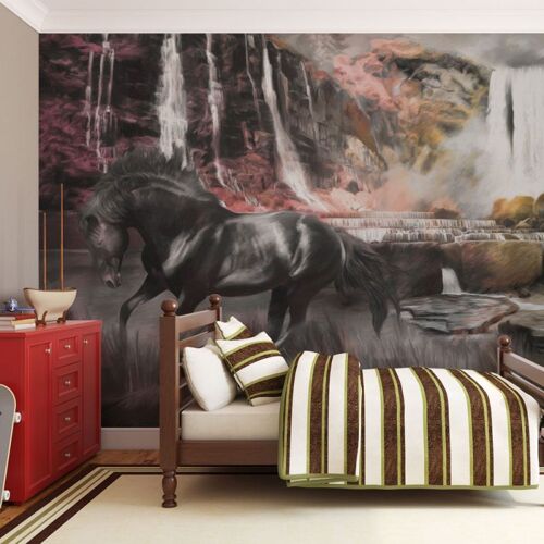 Papier Peint "Cheval Noir & Cascade" 309 x 400 cm