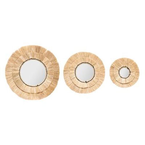 Lot de 3 Miroirs Muraux en Raphia "Alba" 40cm Beige