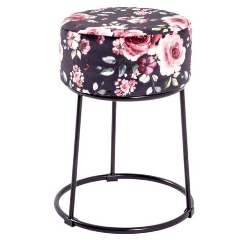 Tabouret en Velours "Motif Fleurs" 46cm Noir & Rose