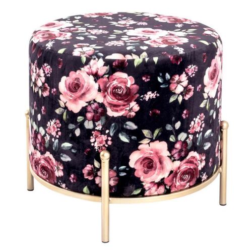 Tabouret en Velours "Motif Fleurs" 48cm Noir & Rose