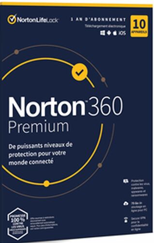 Sans Cb - Norton 360 Premium Esd - 10 Appareils - 10app - 1 An - 75gb Cloud -Envoyé Par Mail