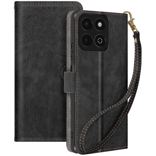 Étui pour Honor 200 Portefeuille et support intelligent à effet brossé, noir