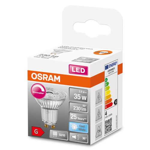Osram Lampe À Réflecteur Superstar, Gu10-Base, Verre Clair ,Blanc Froid (4000k), 230 Lumen, Remplacement De La Traditionnelle 35w-Ampoules 1-Pack