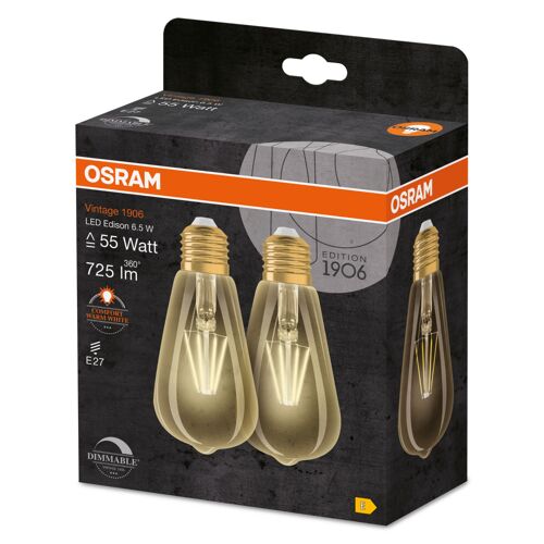 Osram 1906 Édition Vintage, E27-Base, Verre Doré ,Blanc Chaud (2400k), 725 Lumen, Remplacement De La Traditionnelle 55w-Ampoules 2-Pack