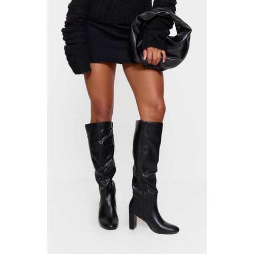 Bottes Hautes En Pu Noir Talon Haut Carré Et Bout Rond Détail Coutures Noir