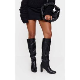 Bottes Hautes En Pu Noir Talon Haut Carré Et Bout Rond Détail Coutures Noir