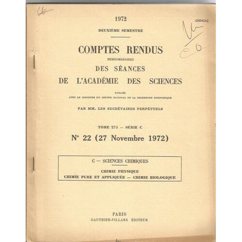 Comptes Rendus Hebdomadaires Des Seances De L Académie Des Sciences Tome 275 Serie C Sciences Chimiques N 22