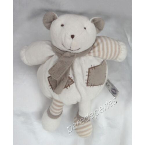 Doudou Peluche Ours Boule Blanc Et Marron Echarpe Hochet Mgm