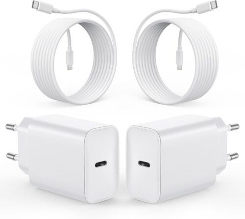 TRAHOO-Lot de 2 chargeurs USB C Rapides 20 W + câble Type C vers Lightning de 2 m, Prise USB c Adaptateur compatibles avec iPhone 16/15/14/13/12 Pro Max Mini, Samsung Galaxy S23/S22 et AirPods Pro
