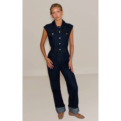 Combinaison En Denim Indigo Brut Délavé Sans Manches À Ourlet Retroussé, Indigo Foncé Délavé