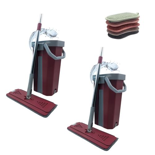 Lot de 2 Balai ESSOREUR + 5 éponges double|face offerte | VENTEO | Balai extra large et tête pivotante 360° | Seau à 2 compartiments Nettoyage et Essorage | | Rouge Bordeau