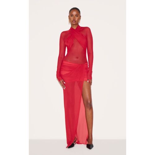 Robe Longue En Mesh Rouge À Détail Croisé Au Buste Et Jupe Froncée, Rouge